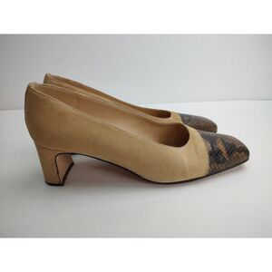 Vintage Two-Tone Suede Pumps with Snake Print Toe Cap Block Heel Classic Shoes